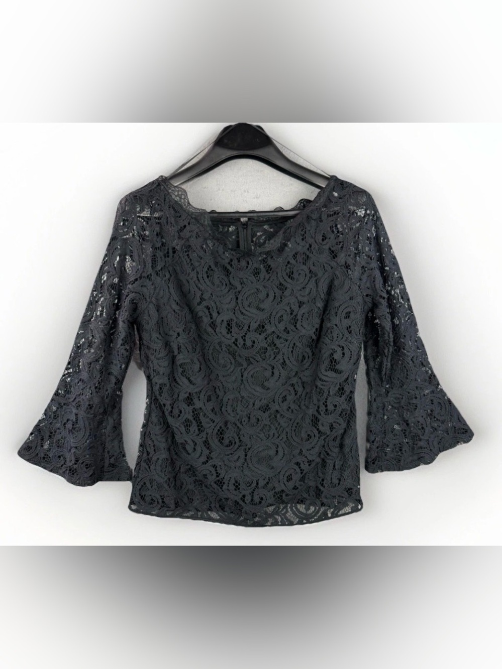 Adrianna Papell Black Lace Scoop Neck Three-Quarter Sleeve Top Large